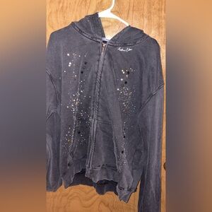 Aelfric Eden rhinestone embellished washed Black Zip-Up Hoodie